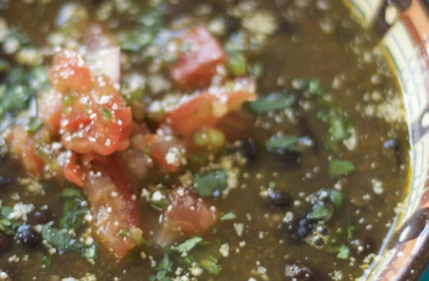 Blackbean soup in a decorated bowl