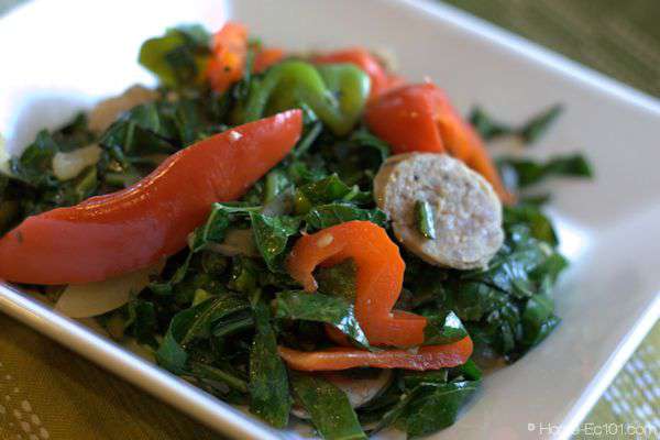 Collards-Peppers-Onions-Sausage Collard greens, bell peppers, Italian sausage
