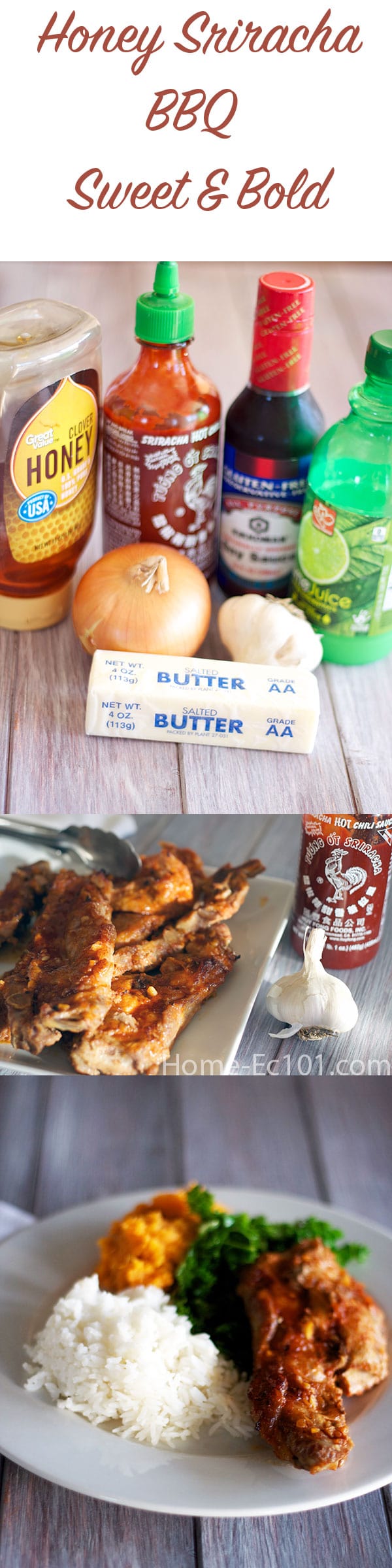This garlicky, sweet and spicy Honey Garlic Sriracha BBQ Sauce will work well for ribs, riblets, and chicken.
