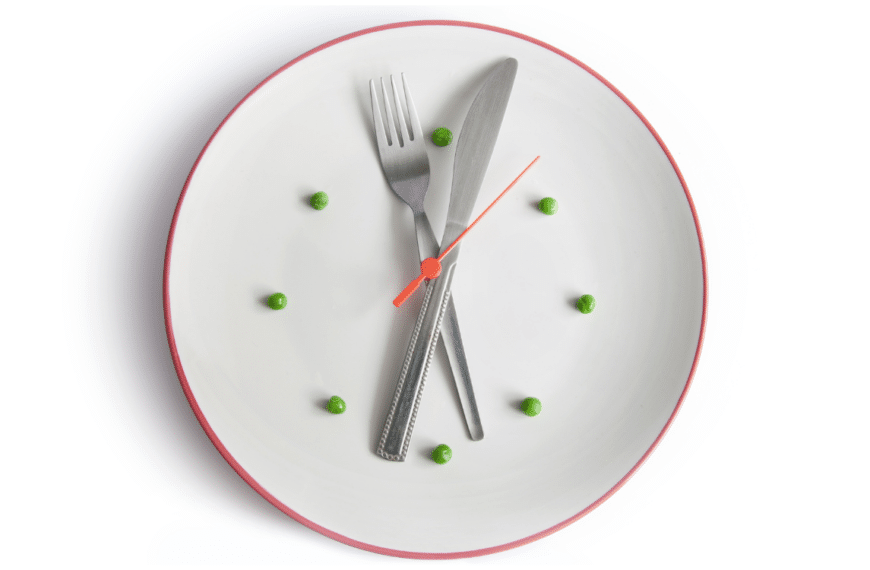 Plate with a knife and fork to represent hands on a clock with peas to represent times for meal plans or meal planning for our weekly menu series