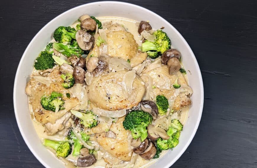 Budget-Friendly Chicken Fricassee with Mushrooms and Broccoli